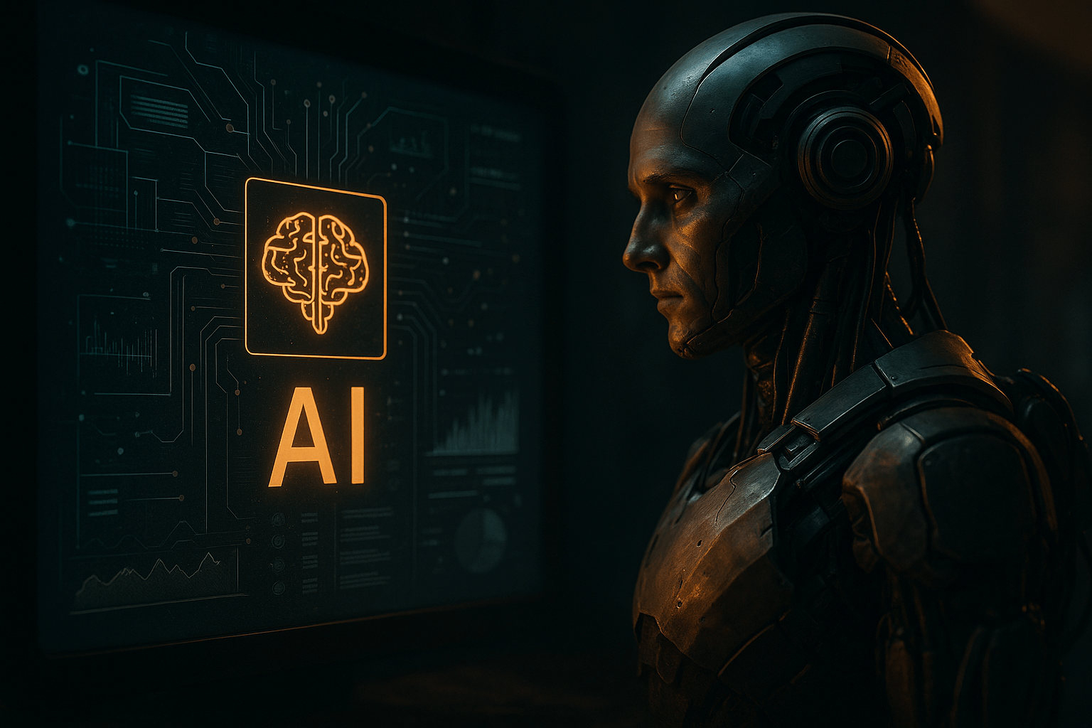 An image showing a robot looking at a screen with the word AI written on it